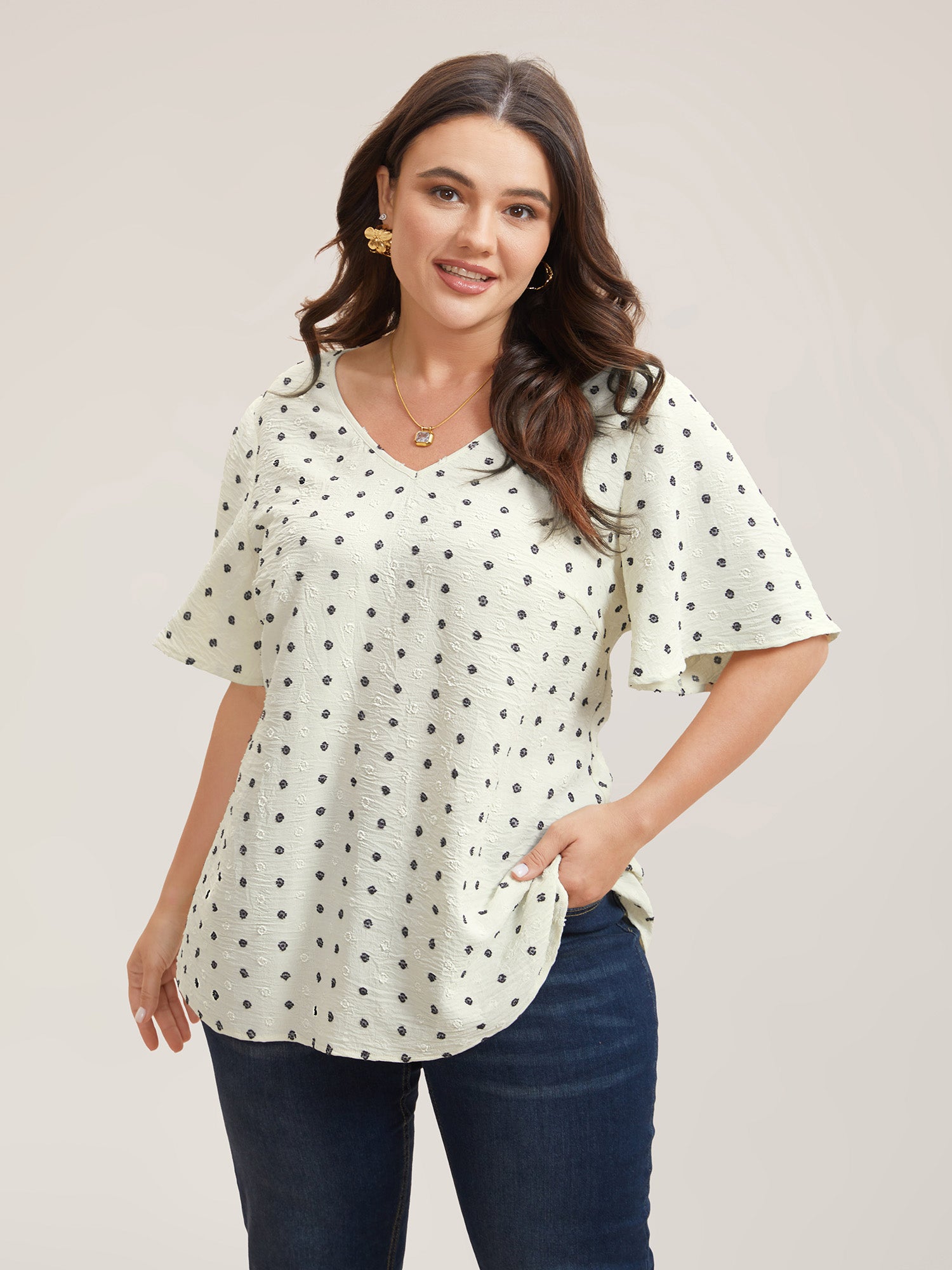 Textured Polka Dot Print Flared Sleeve Shirt