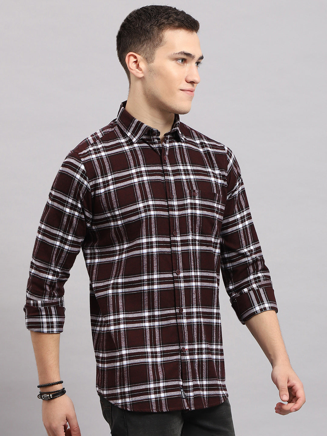 Men Maroon Check Collar Full Sleeve Shirt