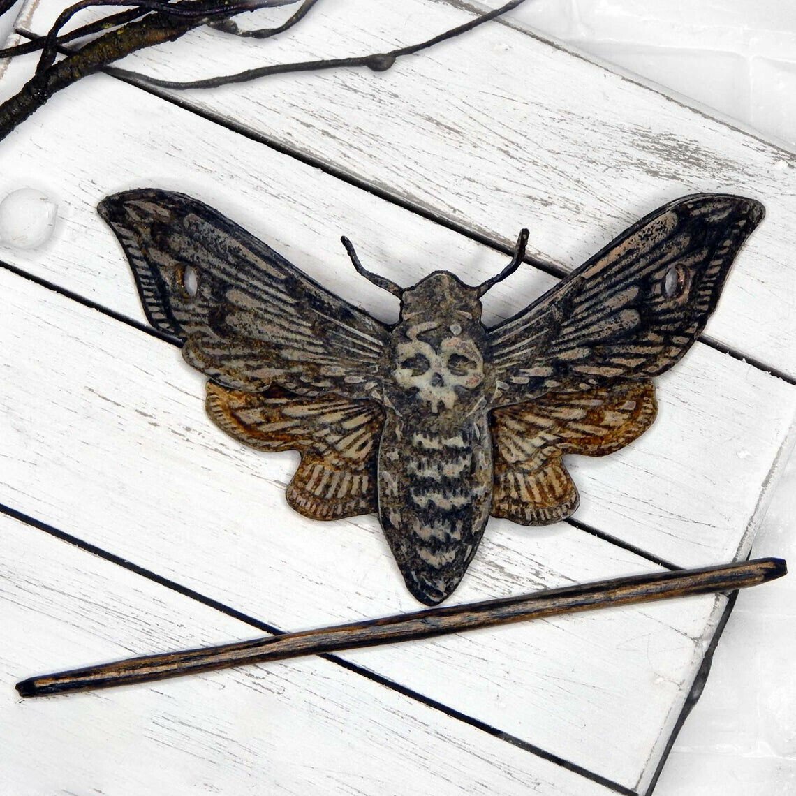 Death Moth/Skull Hair Pin Stick Slide with Faux Bone