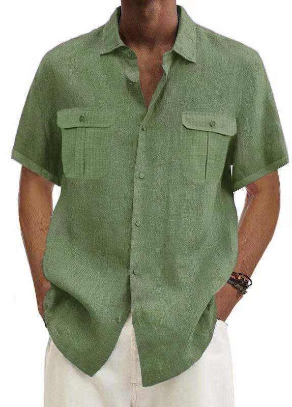 7-Pack Men's Shirts Double Pocket Cotton Linen Short Sleeve Shirts Casual Vacation Shirts