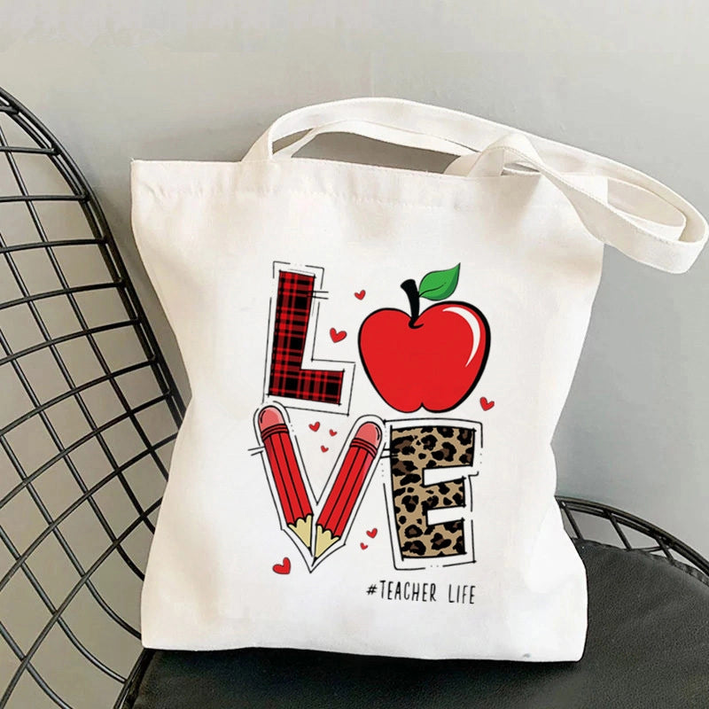 Hot Selling Kawaii Heart-shaped Printed Tote Bag For Teachers And Students One-shoulder Large Capacity White Cotton Bag