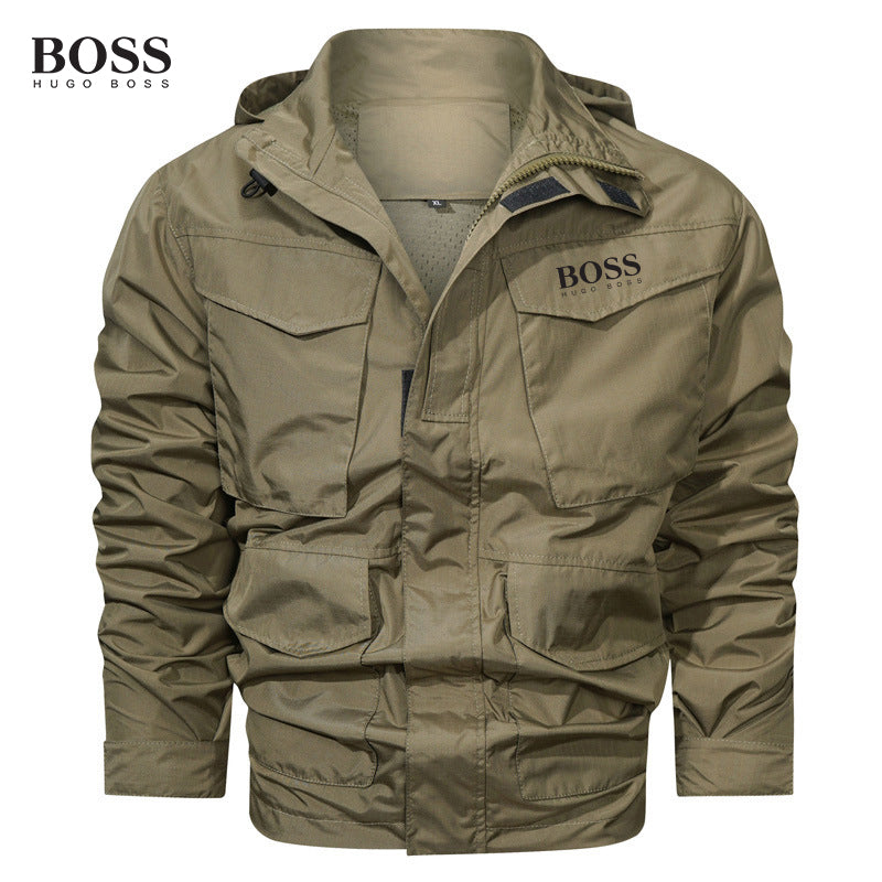 Boss Men-s Outdoor Waterproof Mid-Length Hooded Jacket