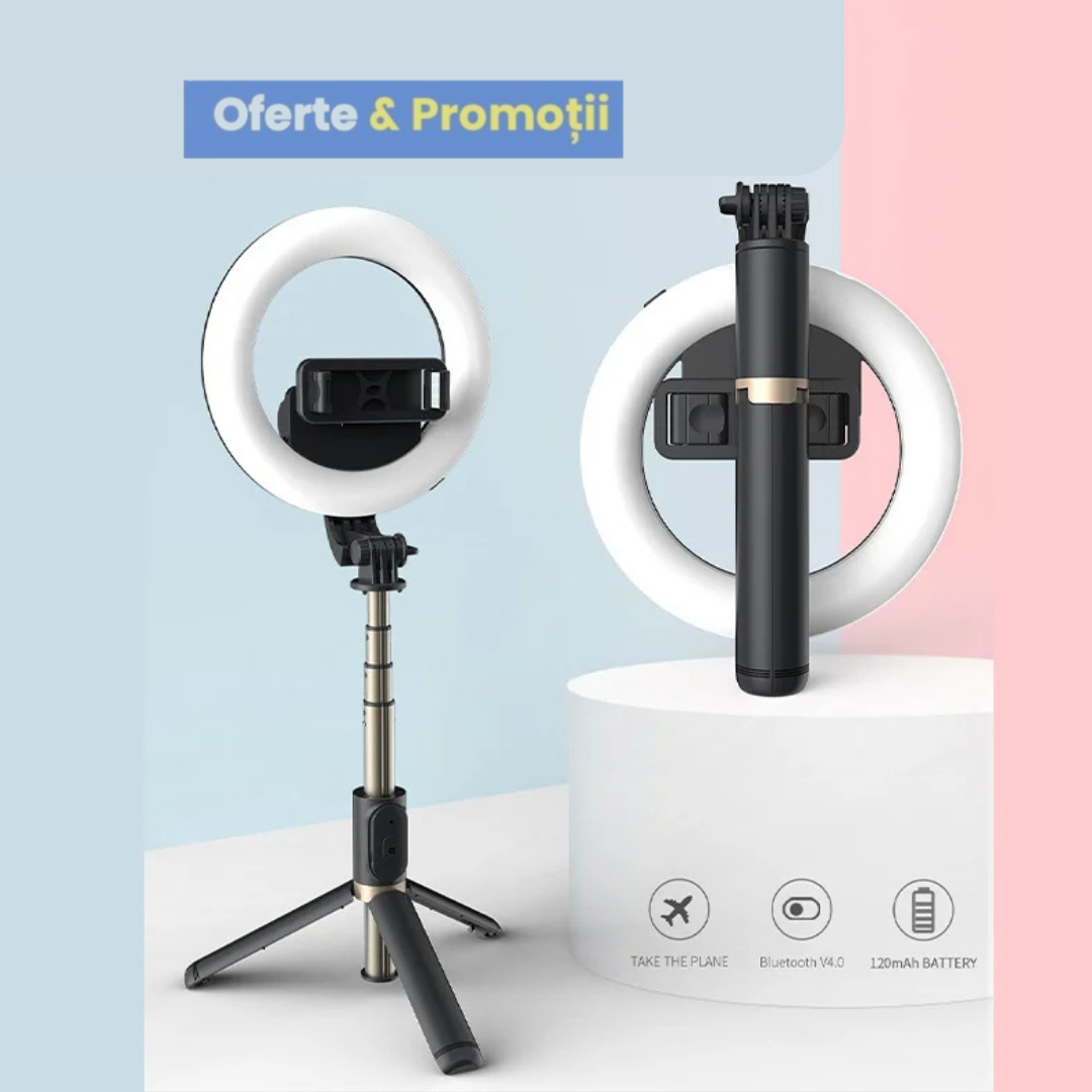 Selfie stick L07 tip trepied cu lampa circulara pliabil si bluetooth