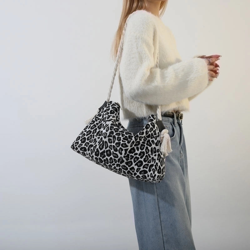Women's Canvas Zebra Oil Painting Leopard Basic Sewing Thread Square Zipper Shoulder Bag Crossbody Bag