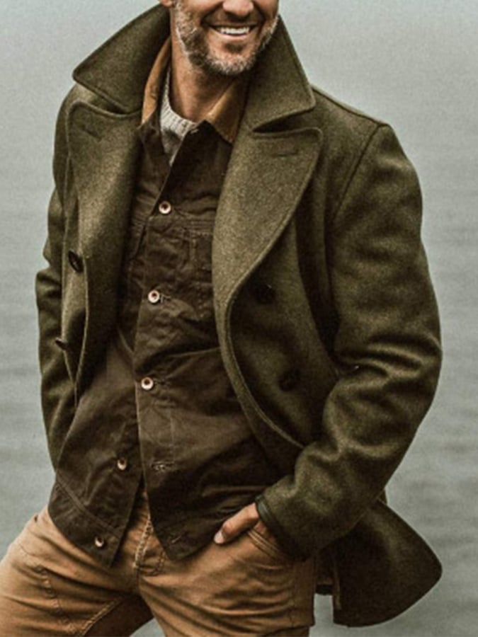 Men'S Commuter Button Design Lapel Wool Coat