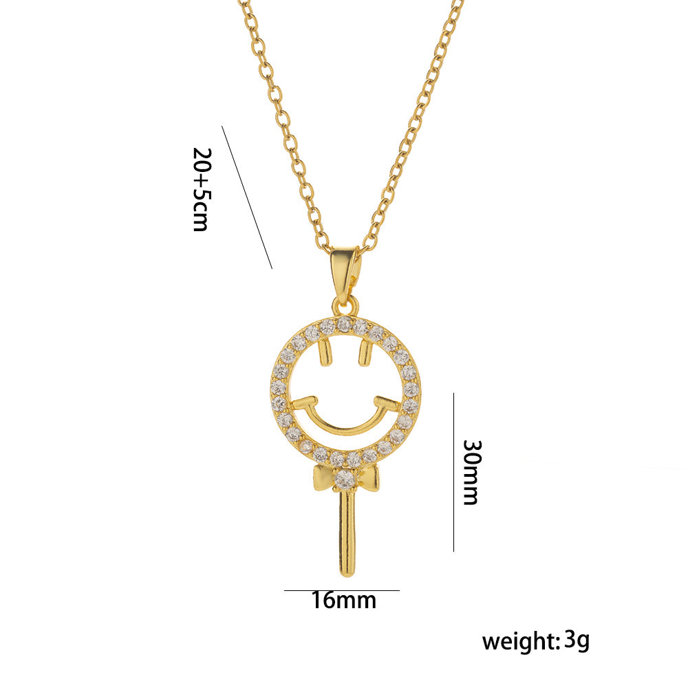 Titanium Steel Lollipop Smiley Face Necklace For Women Summer Fashion Design Versatile Zircon Clavicle Necklace