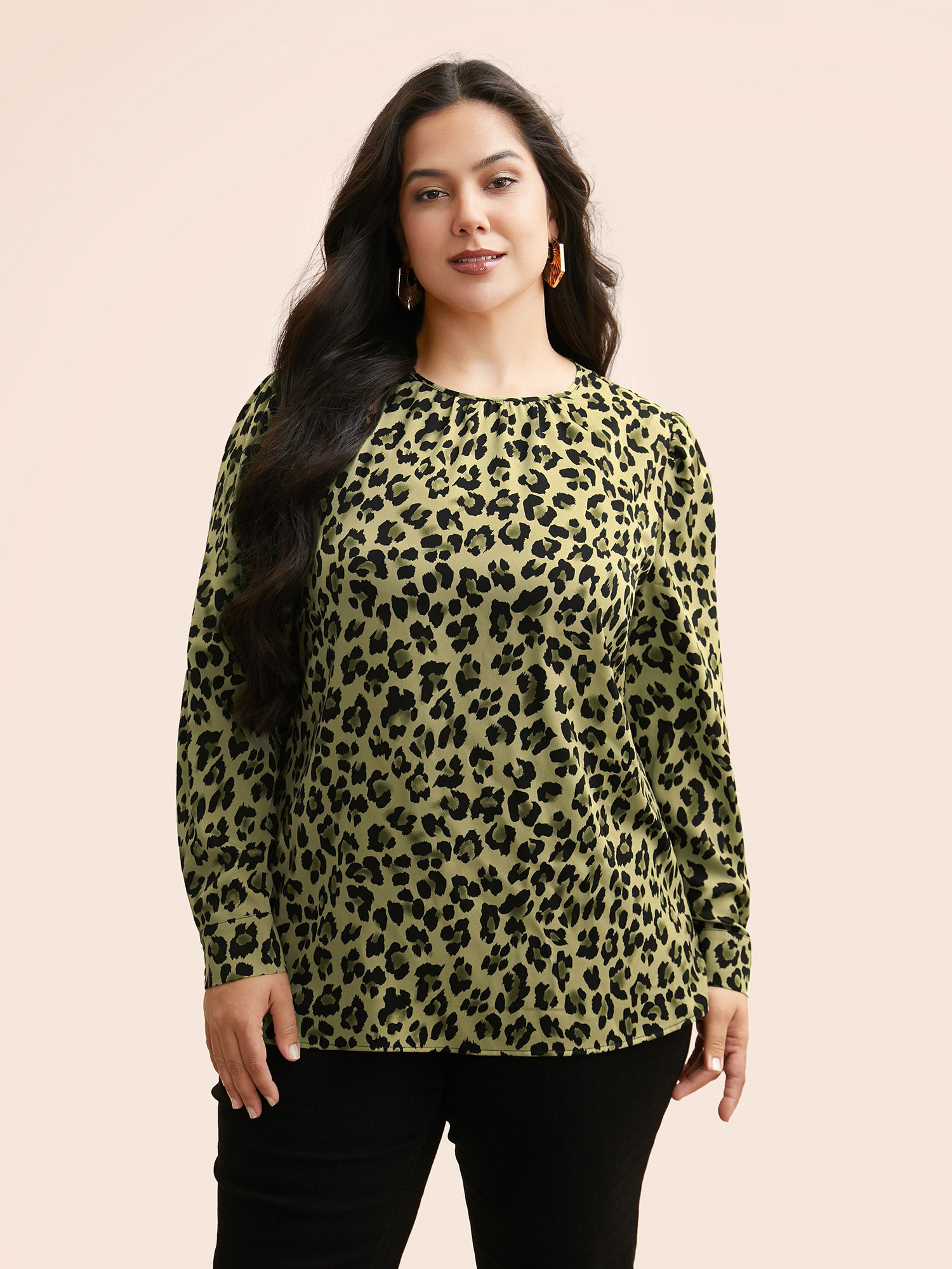 Leopard Print Mock Neck Gathered Blouse