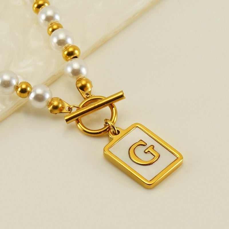 Stainless Steel 18K Gold Plated Elegant French Style Pearl Plating Inlay Letter Shell Pendant Necklace