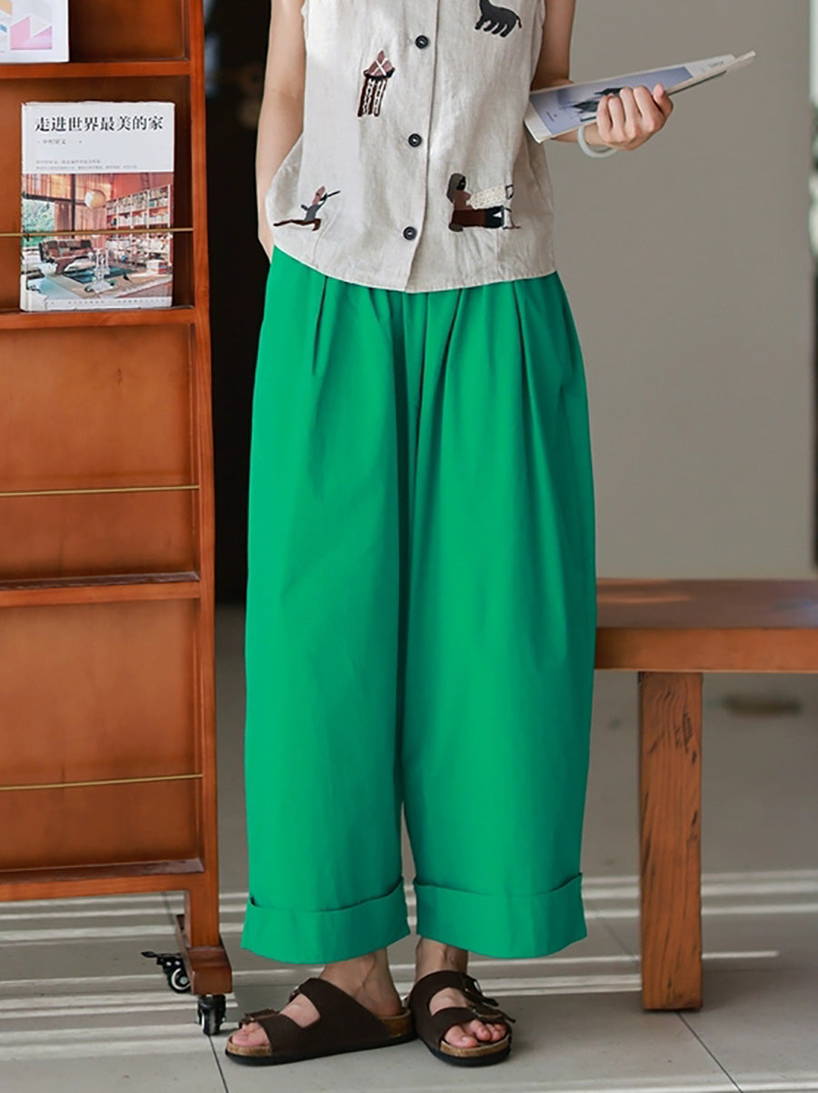Women Summer Casual Pure Color 100%Cotton Wide-leg Pants