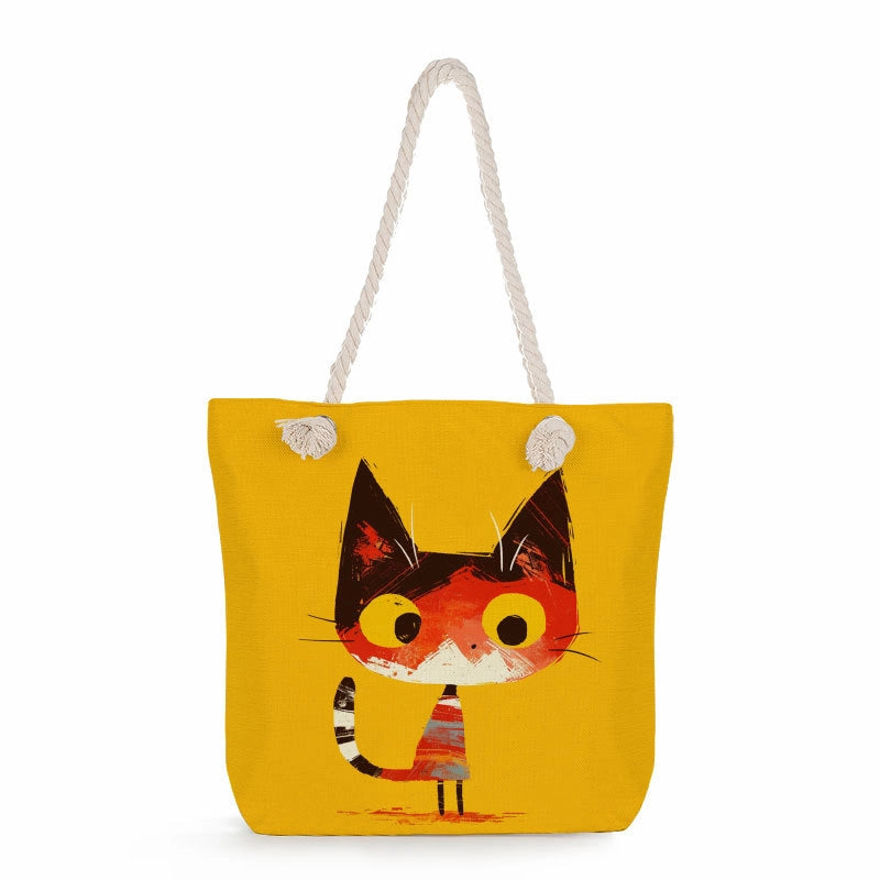 Women's Medium Linen Cat Cute Square Zipper Tote Bag Beach Bag