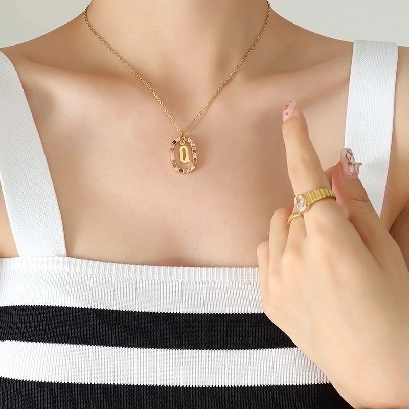 INS Style Letter Oval Titanium Steel Zircon 18K Gold Plated Inlay Necklace