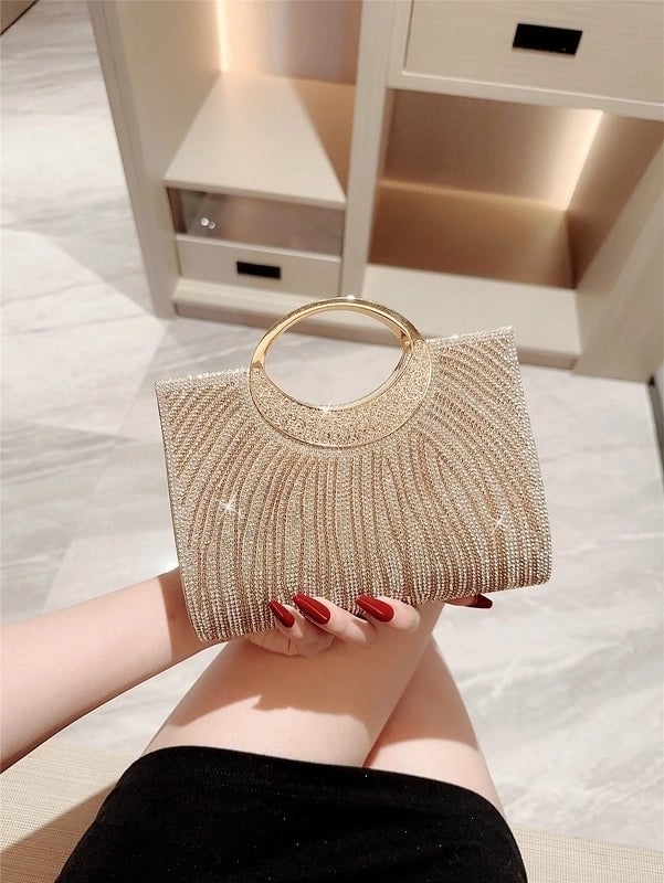 Gold Rhinestone Solid Color Square Evening Bags