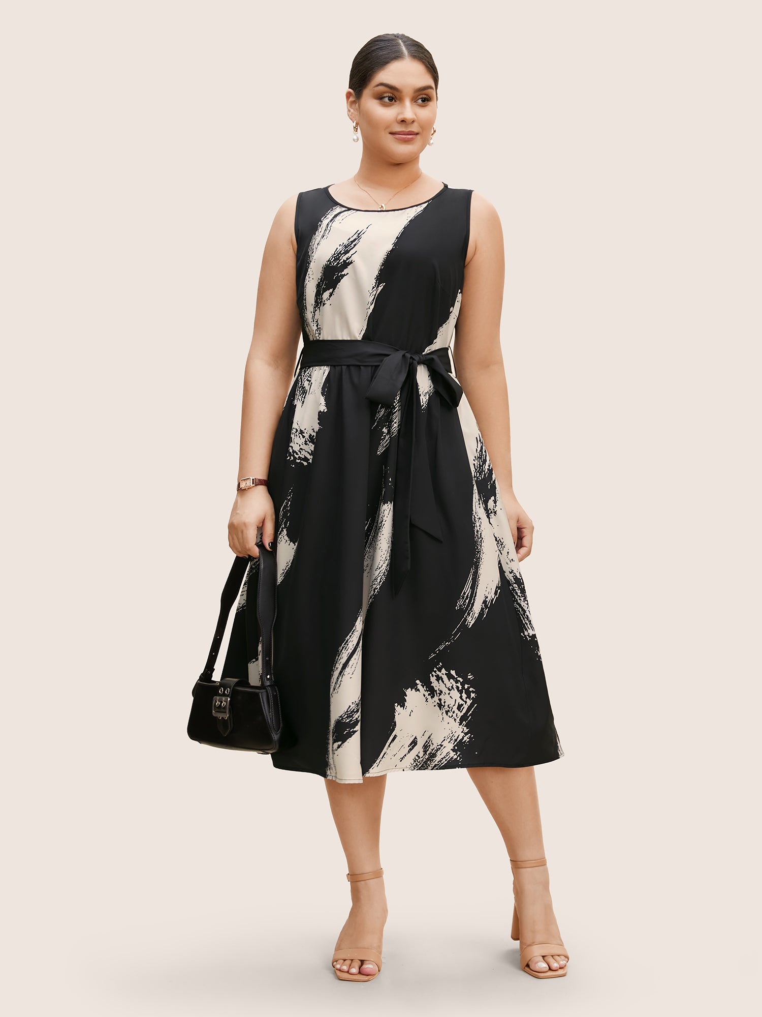 Marble Print Sleeveless Belted Midi Dress