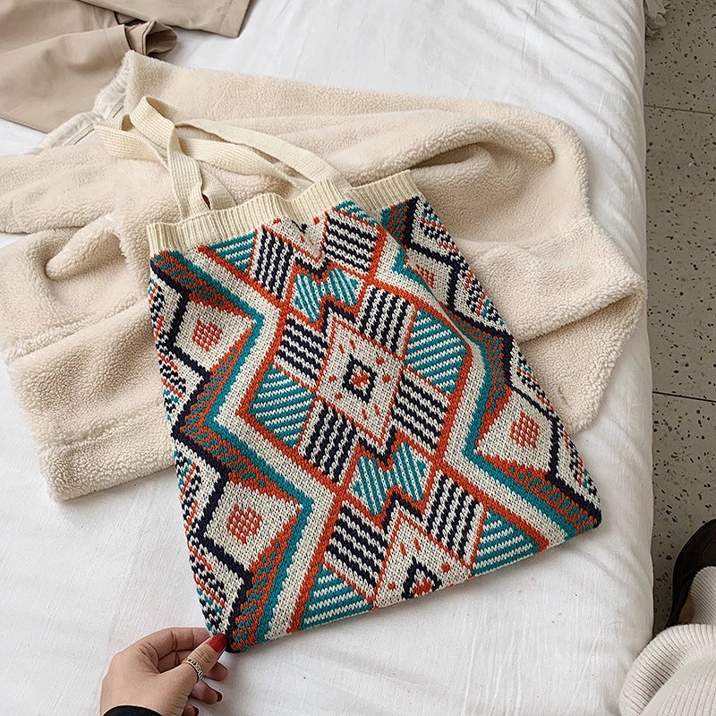 Women's Ethnic Style Color Block Knit Shopping Bags