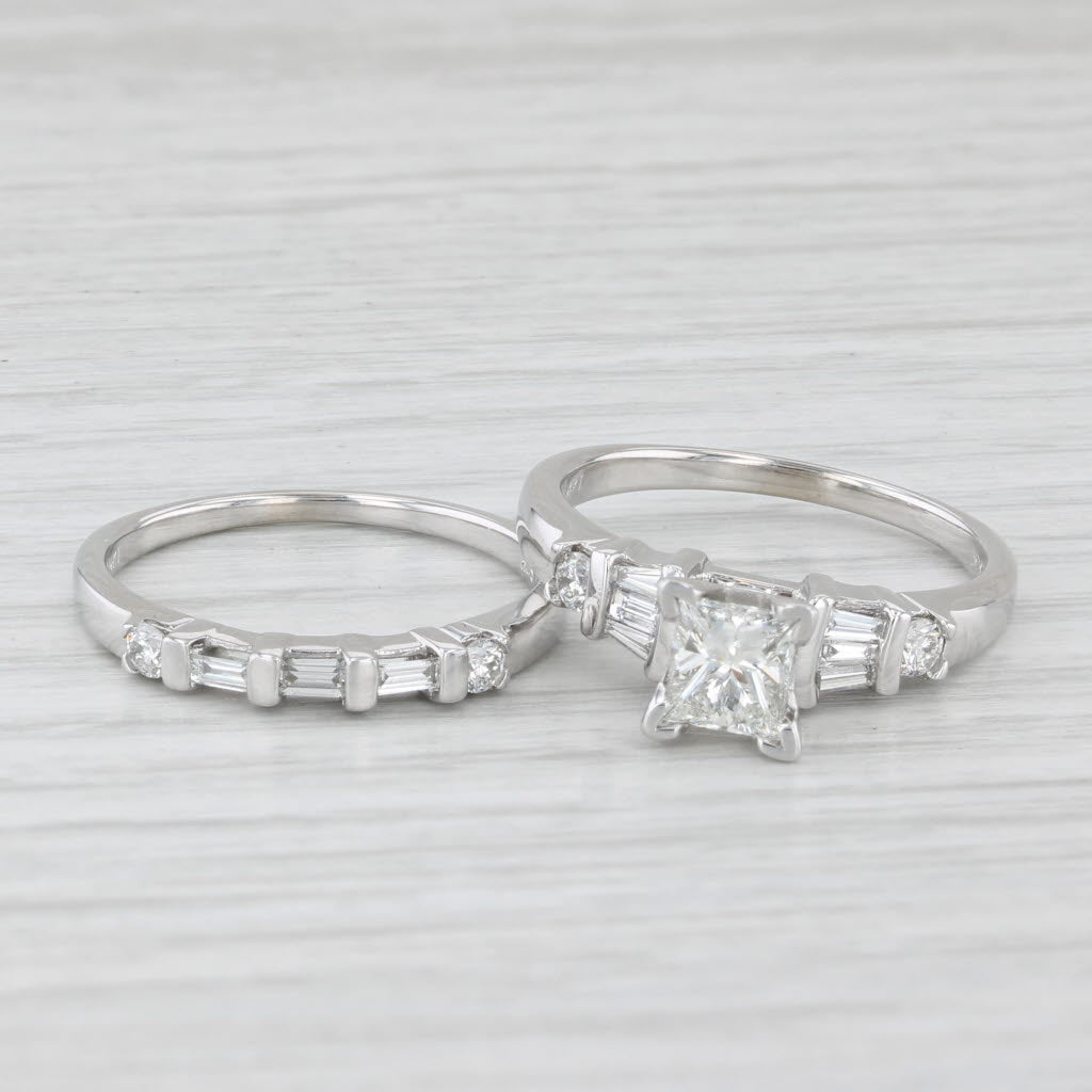 1.07ctw Diamond Princess Cut 14k White Gold Bridal Set Engagement Ring Size 7.25