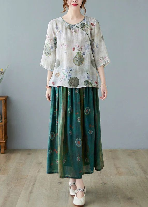 Women Green Print Ramie Elastic Waist Skirt