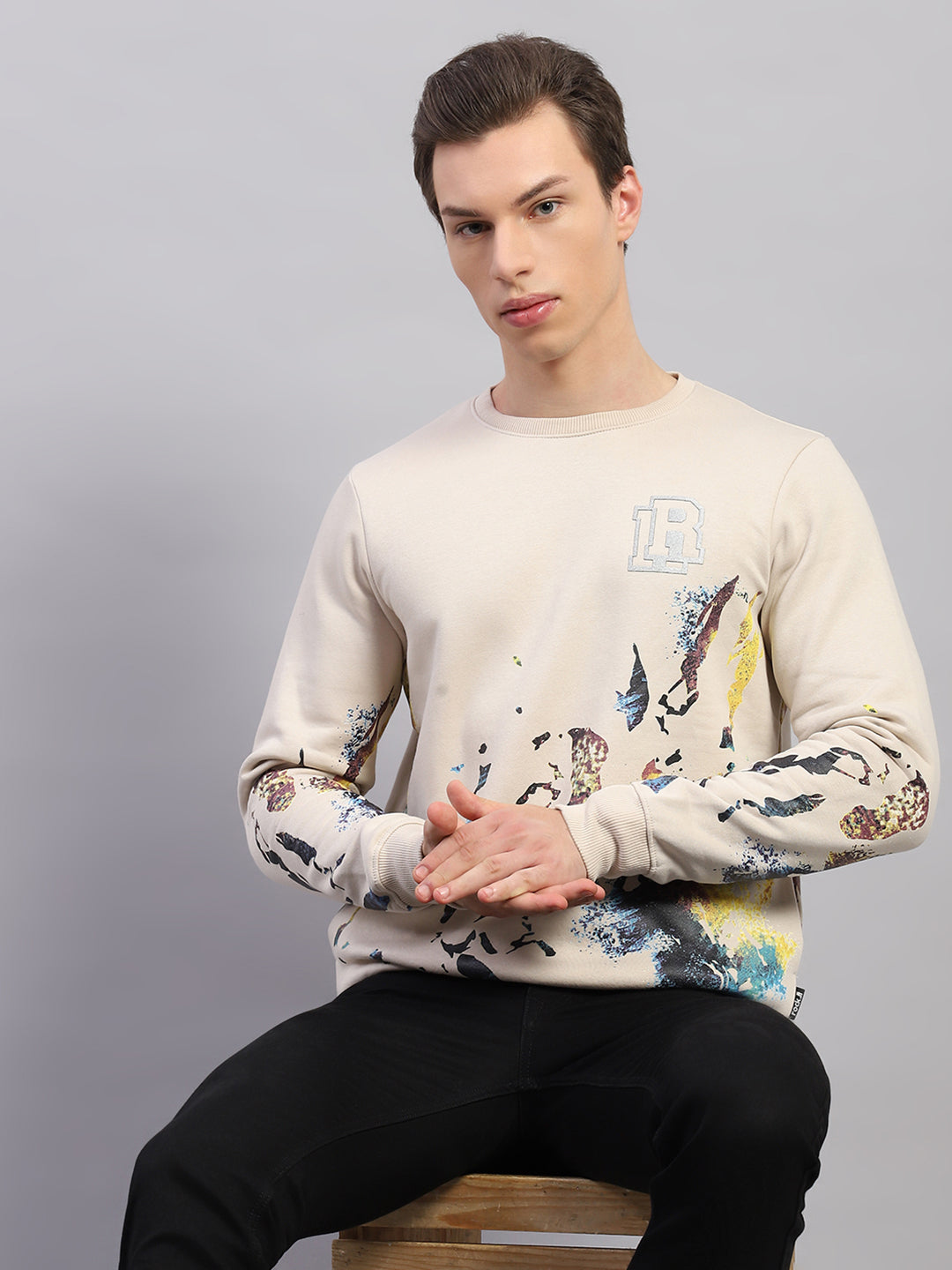 Men Beige Printed Round Neck Full Sleeve Sweatshirt