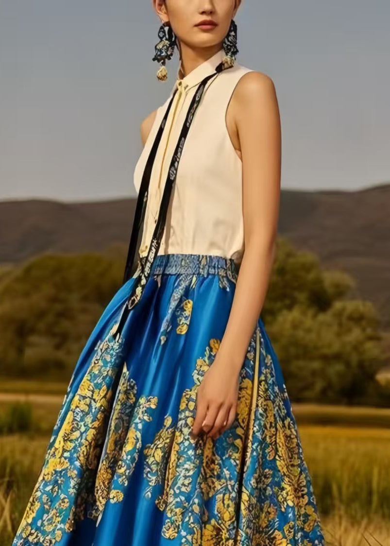 Boutique Blue Print Exra Large Hem Silk Skirt Spring