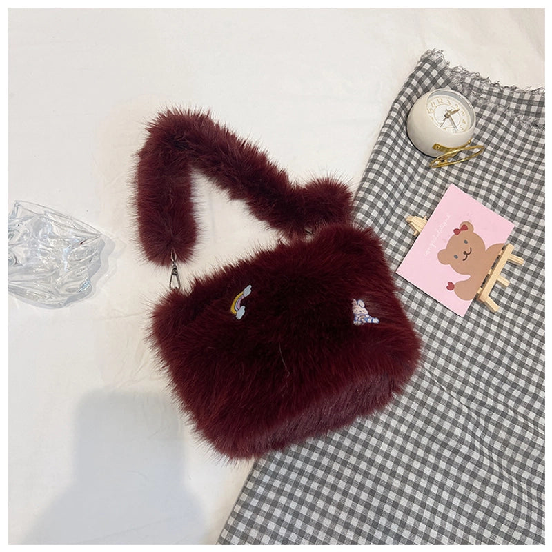 Women's Medium Plush Solid Color Vacation Classic Style Plush Chain Square Zipper Shoulder Bag