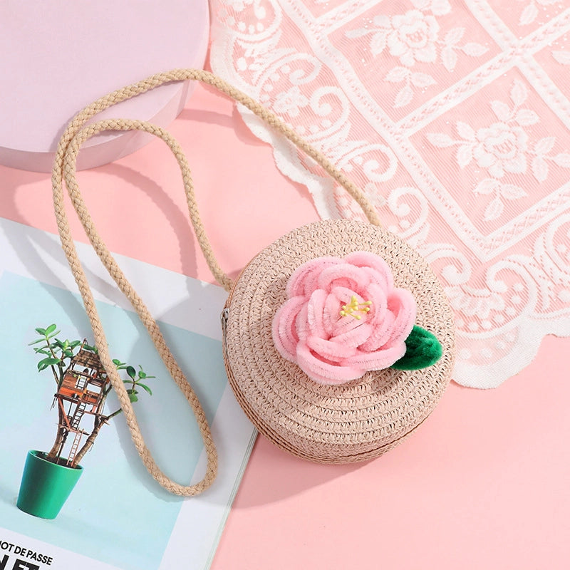 Women's Small Straw Solid Color Flower Vacation Beach Weave Round Zipper Straw Bag