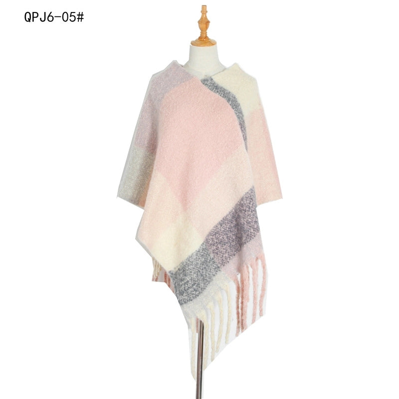 Hot Style New Autumn And Winter Women's Shawl Thick Tassel Loop Yarn Large Plaid Cloak