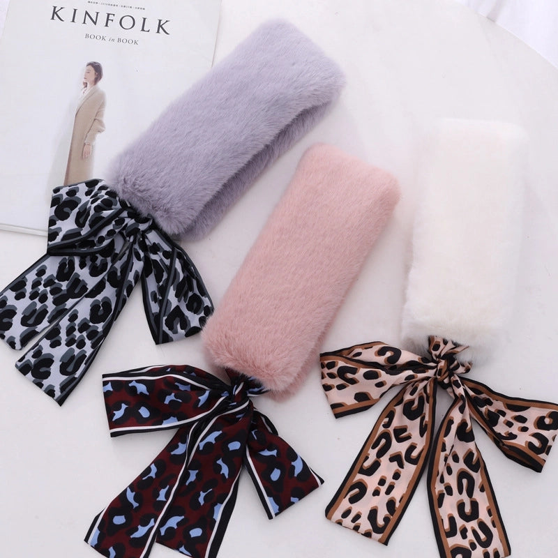 Women's Sweet Solid Color Bow Knot Leopard Faux Rabbit Fur Chiffon Scarf