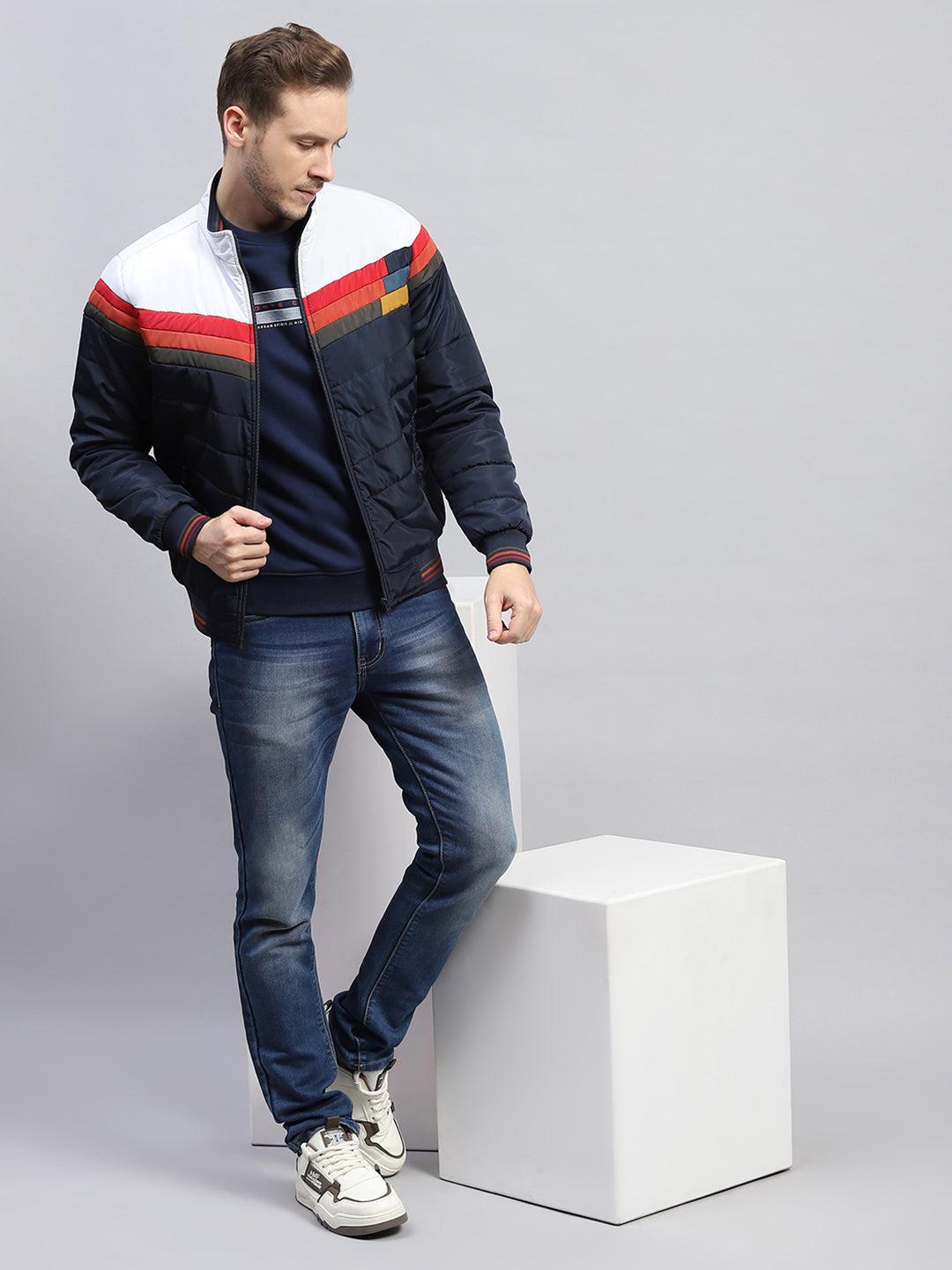 Men Navy Blue Solid Mock Neck Full Sleeve Jacket