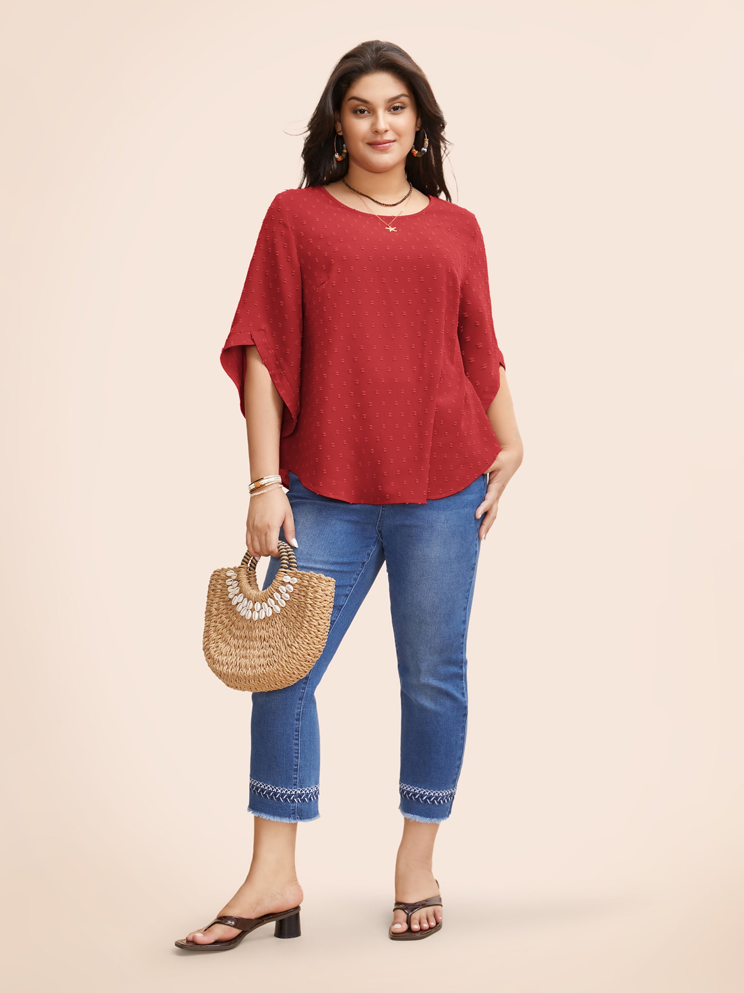 Textured Round Neck Bell Sleeve Blouse