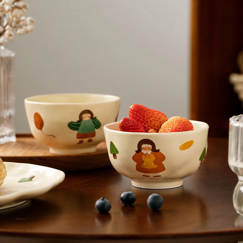 Vintage Girl's Dinner Plate Cute Plate Household Ceramic Plate Cartoon Plate Rice Bowl Small Bowl Mug With Lid