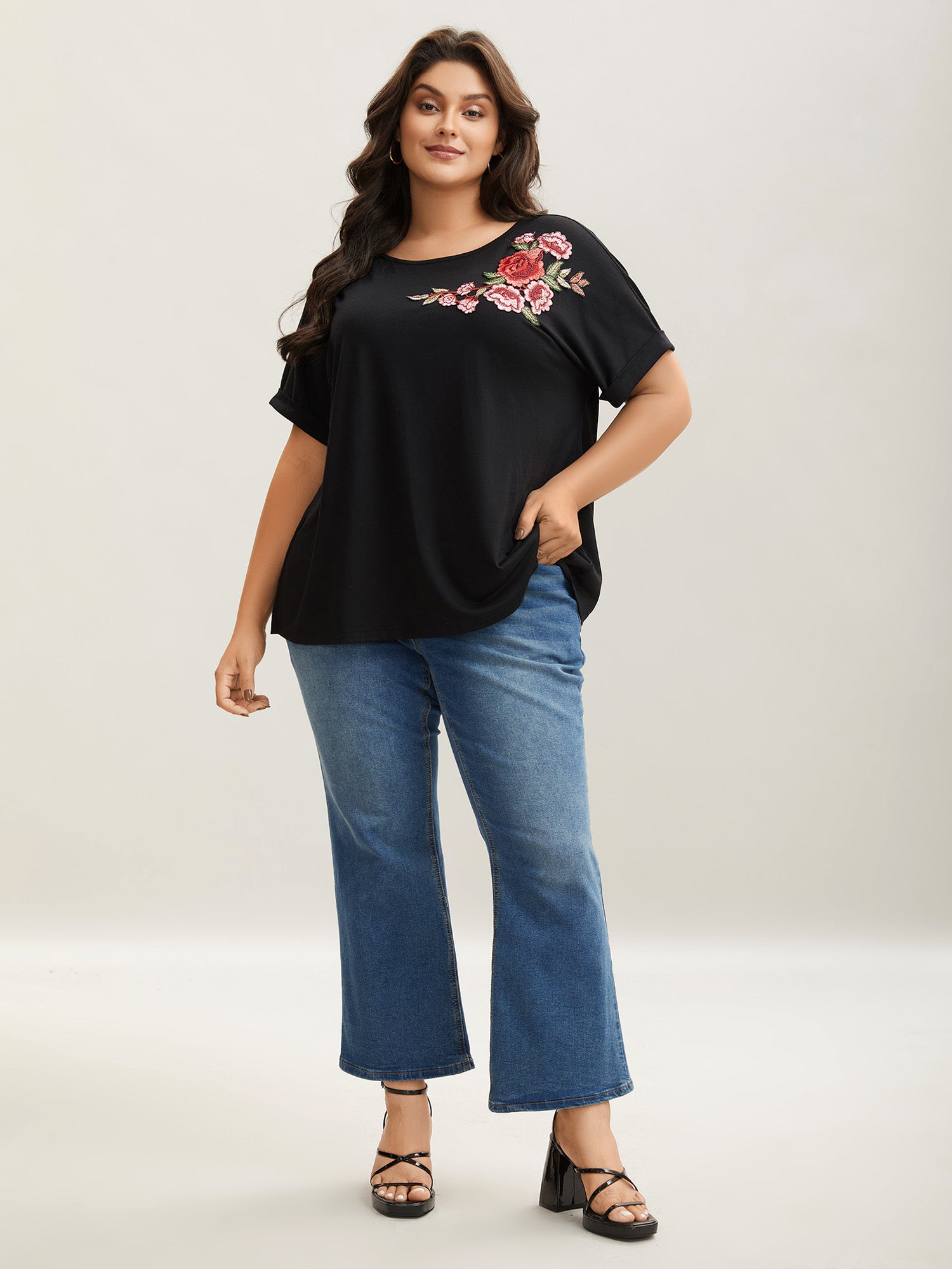 Floral Detail Stretchy Knit Plain Top