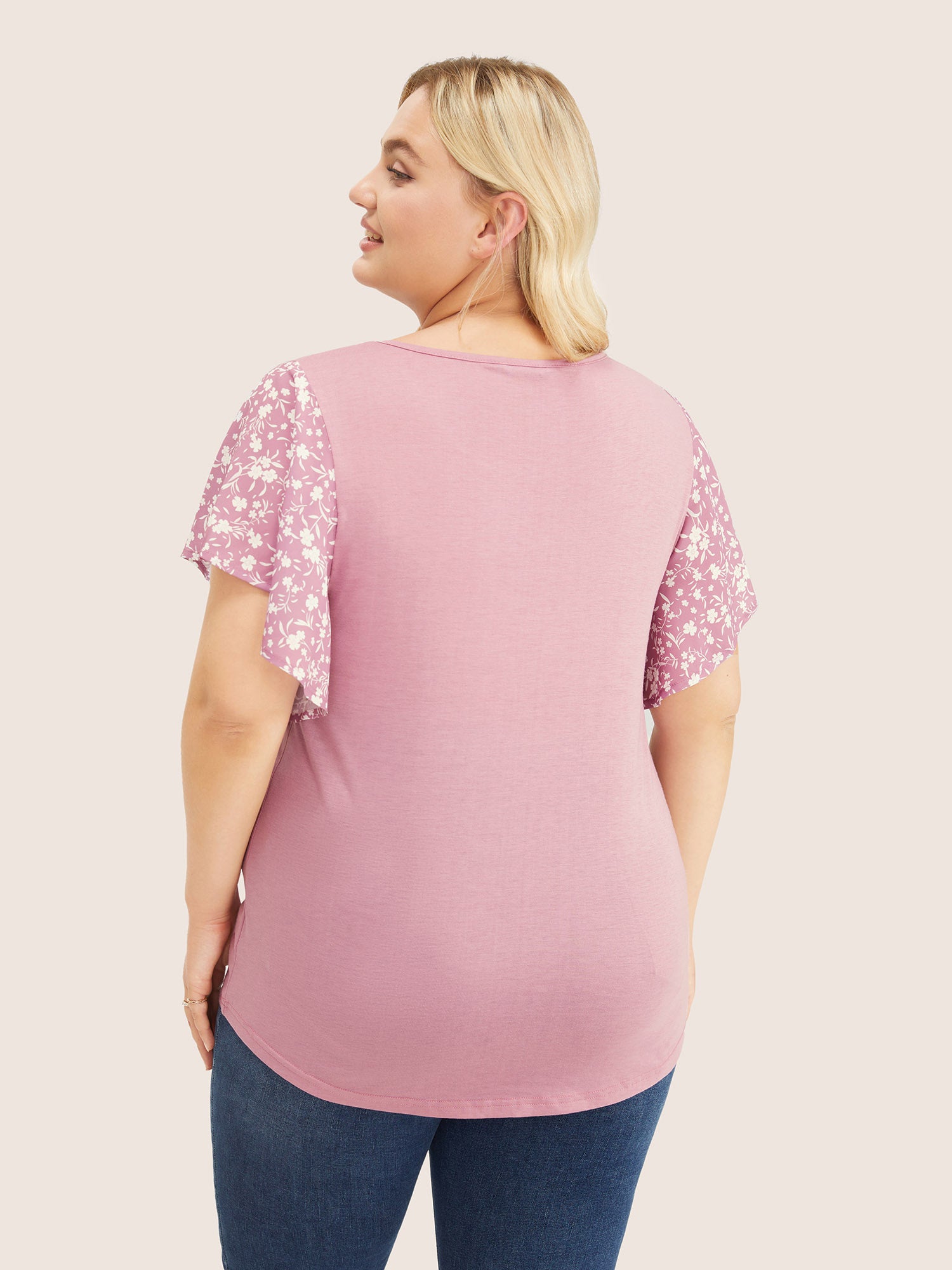 Ditsy Floral Ruffle Sleeve Round Neck T-Shirt