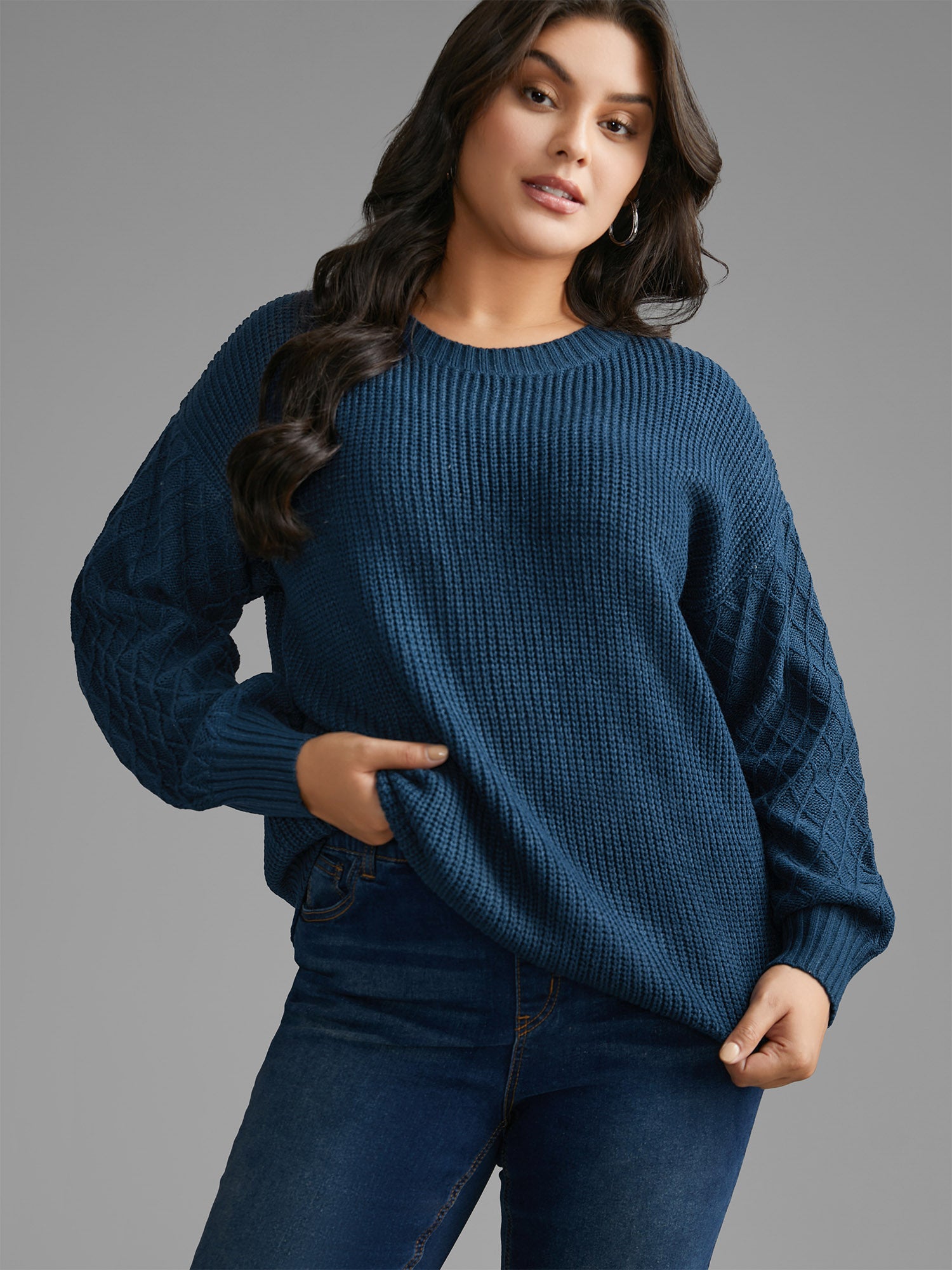 Cable Knit Texture Lantern Sleeve Pullover