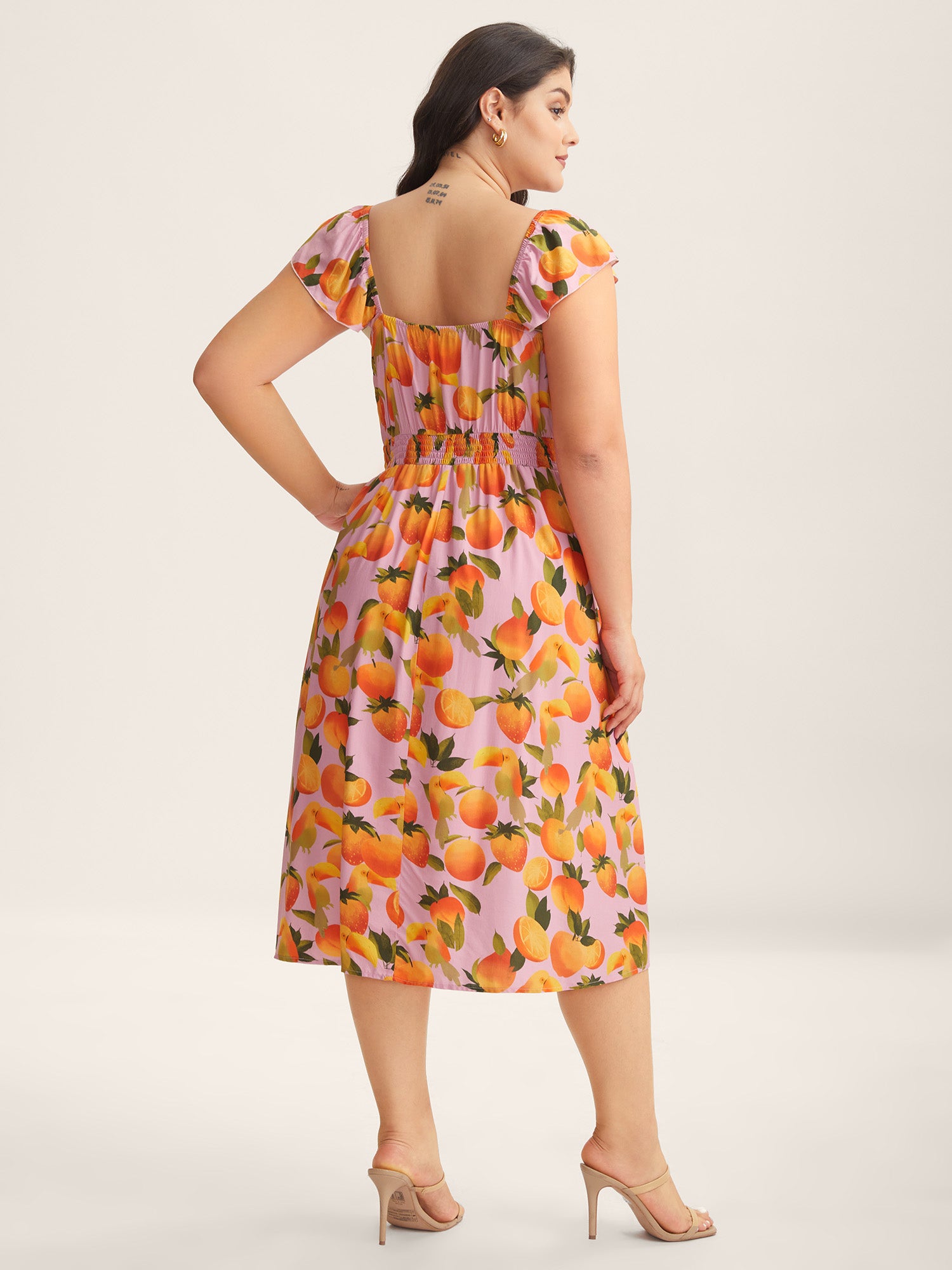 Citrus Print Pleated Sweetheart Midi Dress