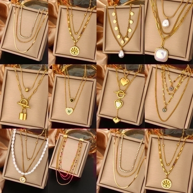 Vintage Style Commute Devil's Eye Heart Shape Lock 304 Stainless Steel Turquoise Rhinestones Pearl 18K Gold Plated Plating Inlay Layered Necklaces