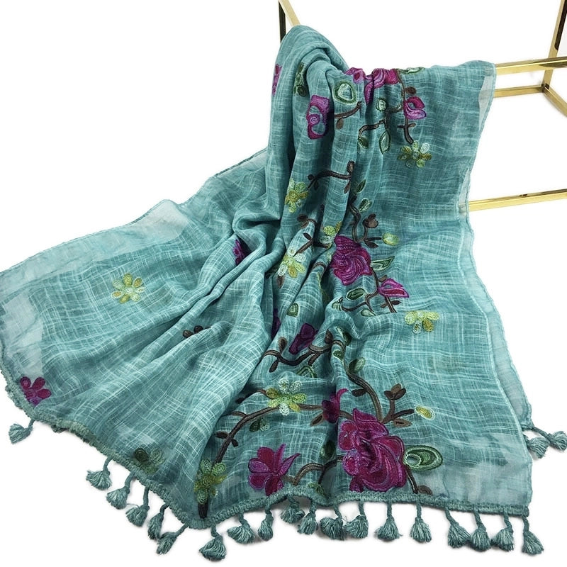Women's Minimalist Leaves Solid Color Flower Cotton And Linen Embroidery Tassel Scarf Shawl