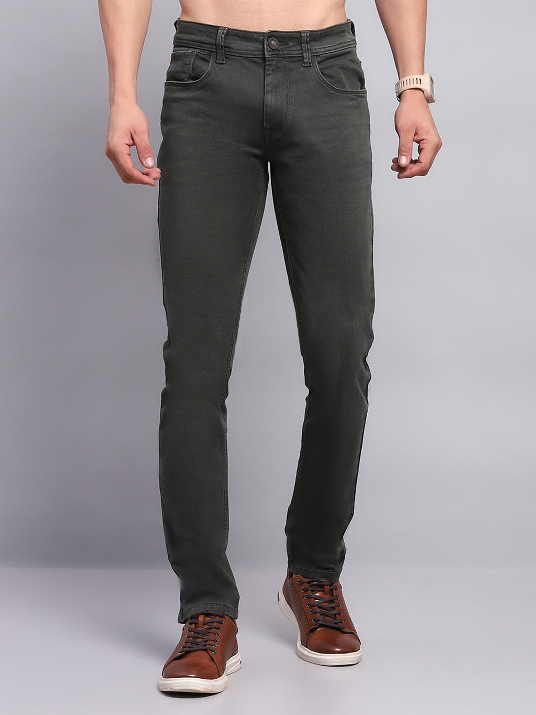 Men Olive Solid Skinny Fit Denim