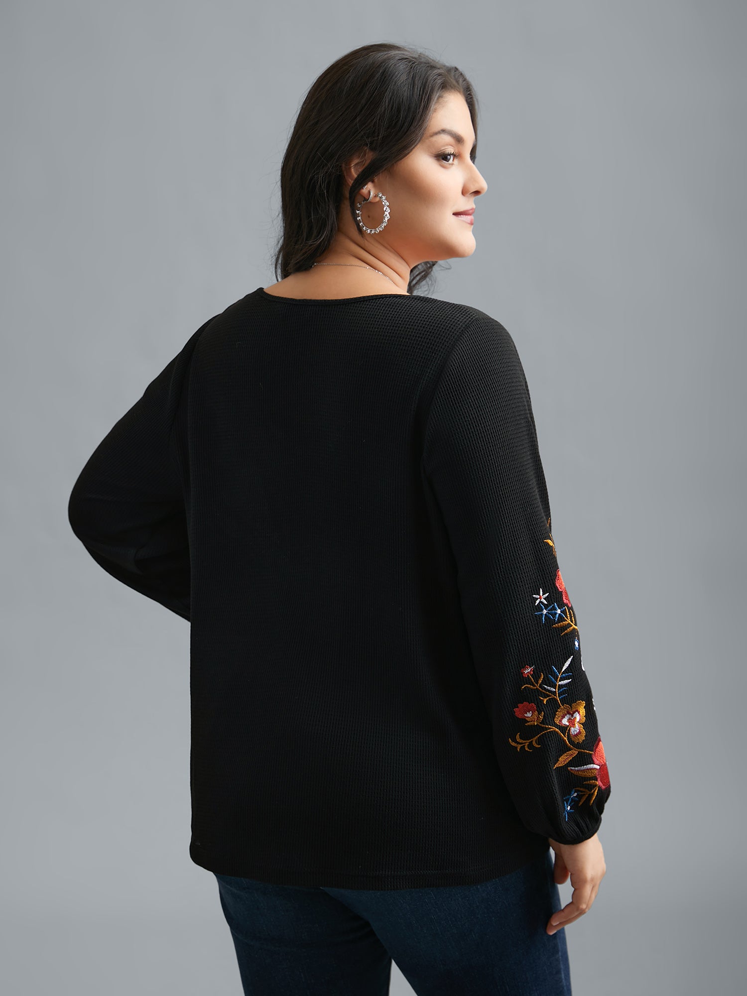 Waffle Knit Floral Embroidered Top
