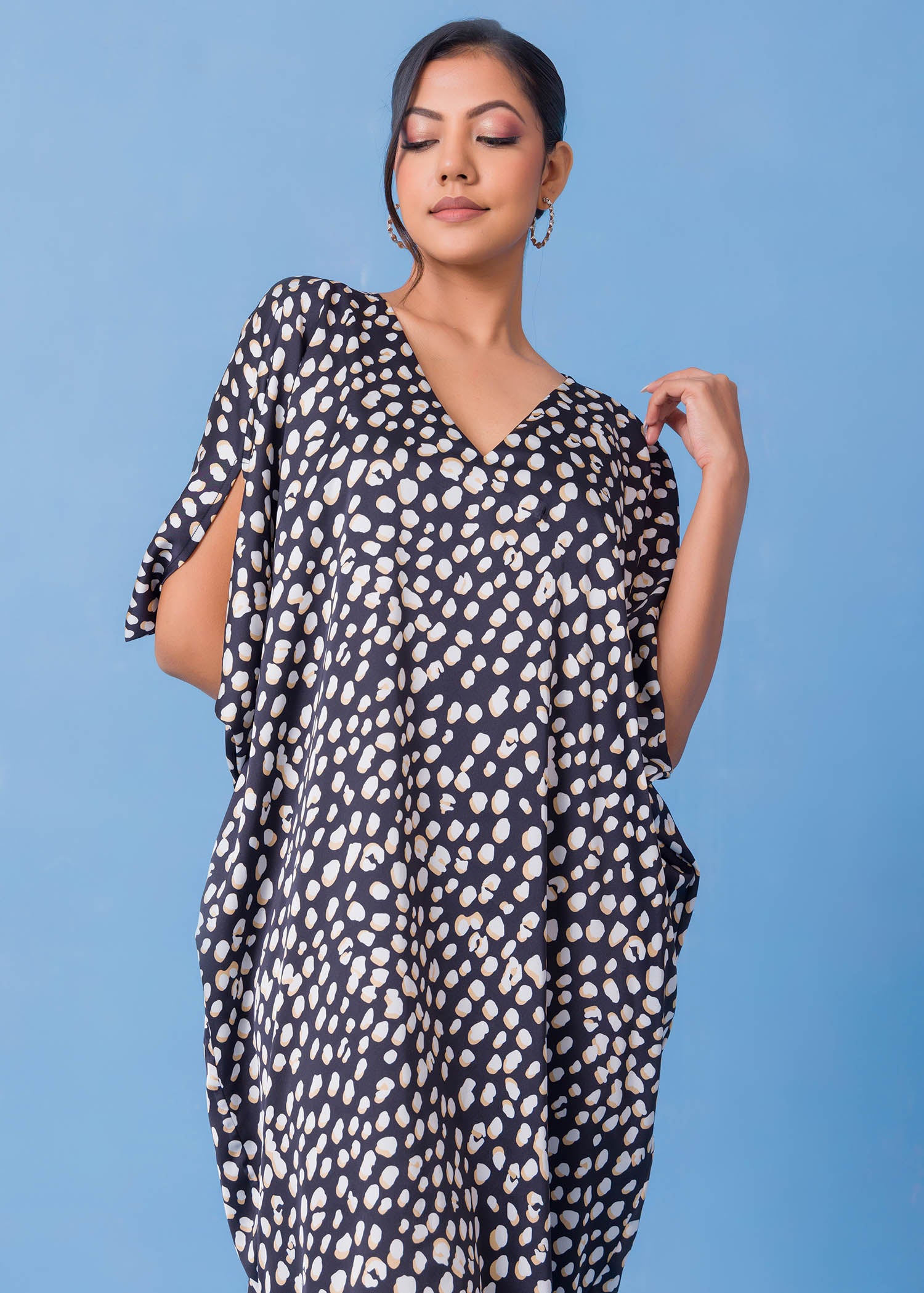 V Printed Neck Kaftan Dress