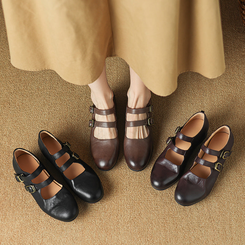 Casual Cow Leather Double Strappy Mary Jane Shoes Dress Shoes in Brown/Black/Khaki