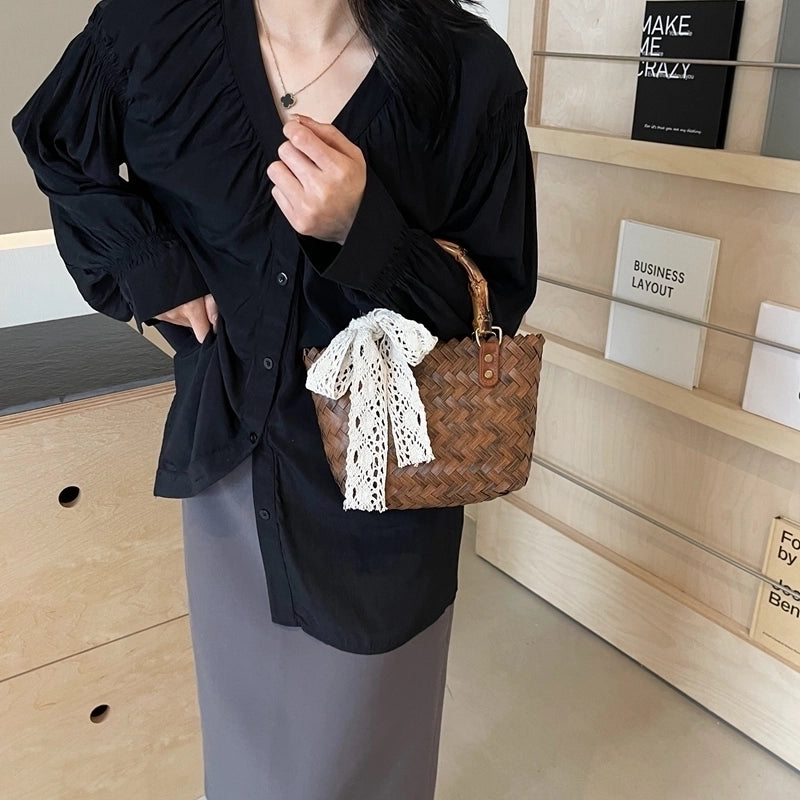 Women's Medium Straw Solid Color Vacation Beach Weave Open Straw Bag