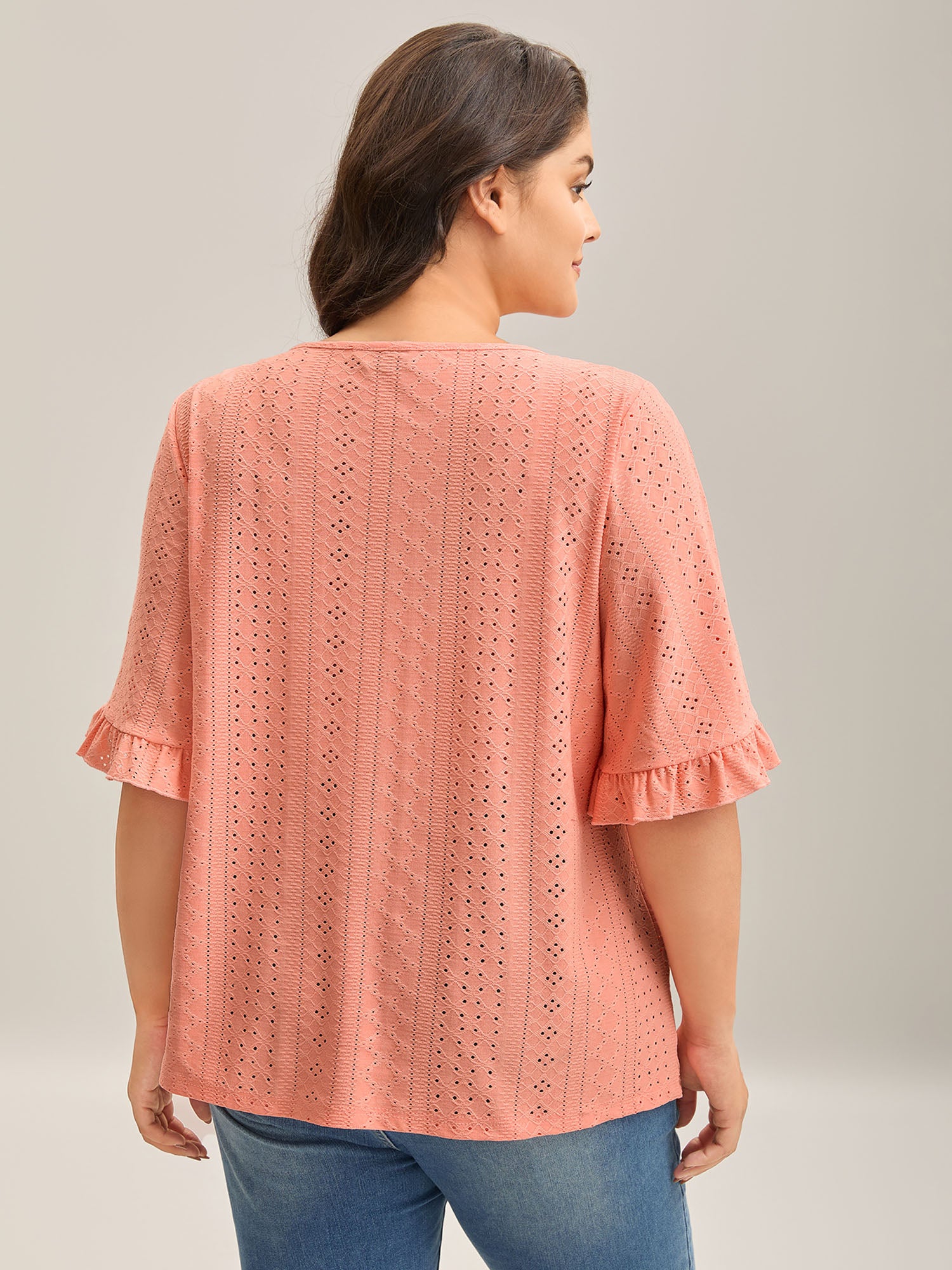 Eyelet Trim Ruffled Sleeve Knit Top