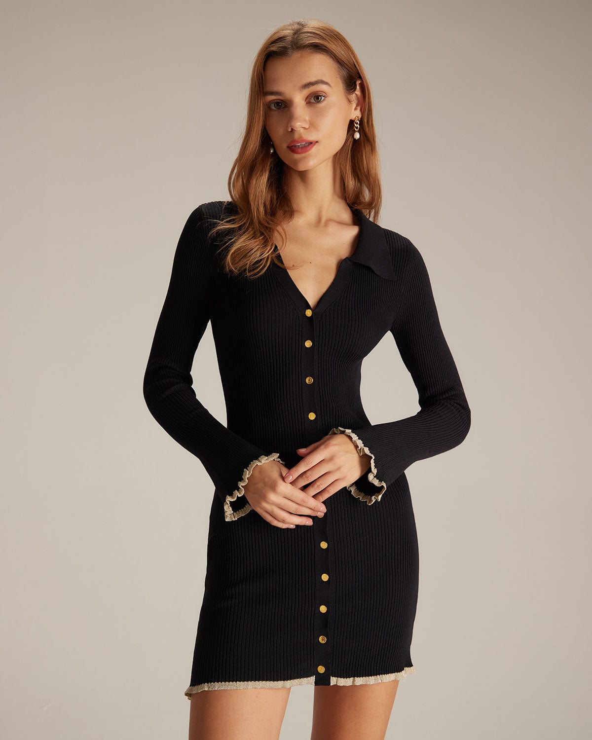 The Black V Neck Contrast Trim Knit Mini Dress