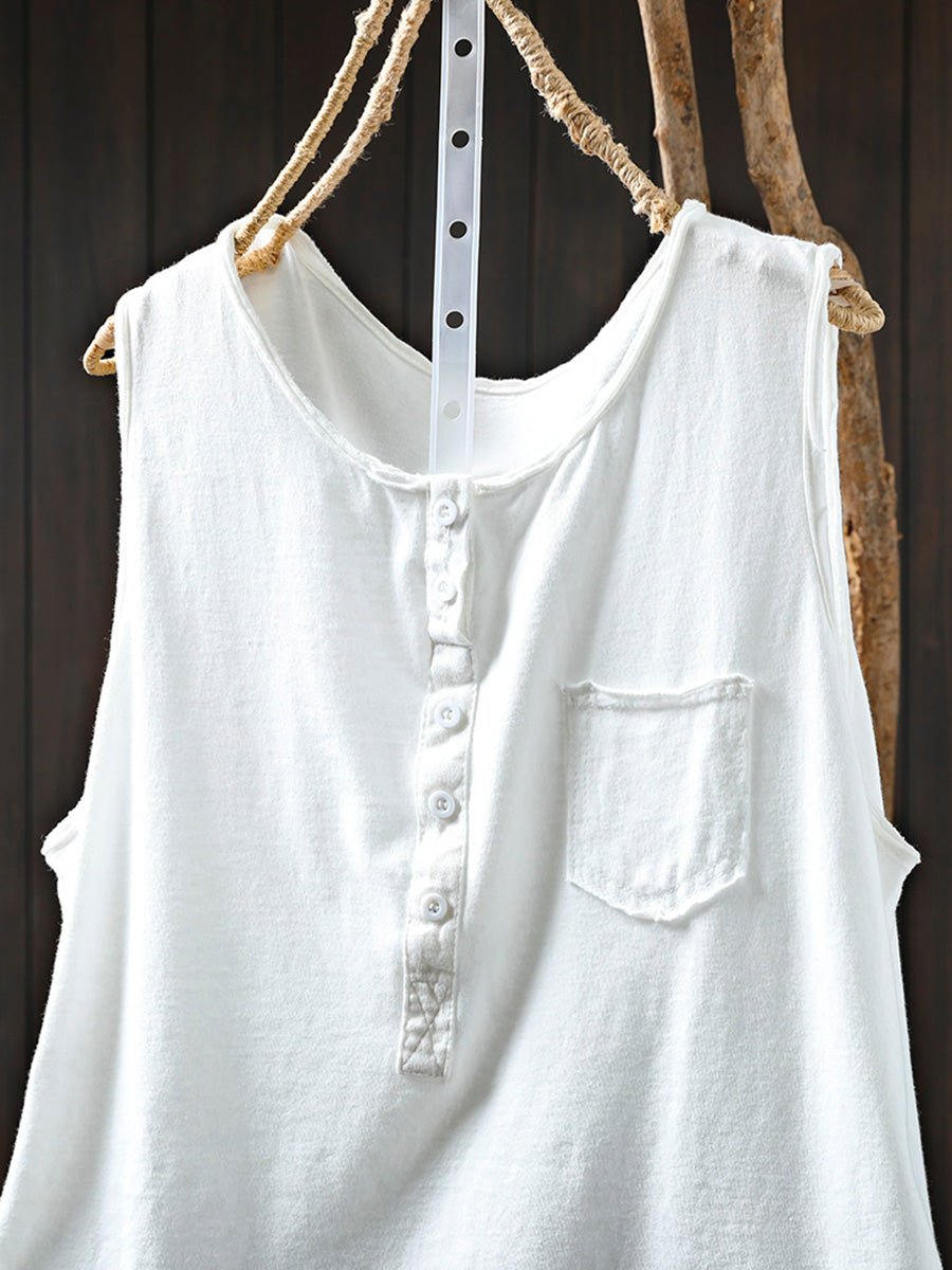 Women Summer Casual Pure Color O-Neck 100%Cotton Vest