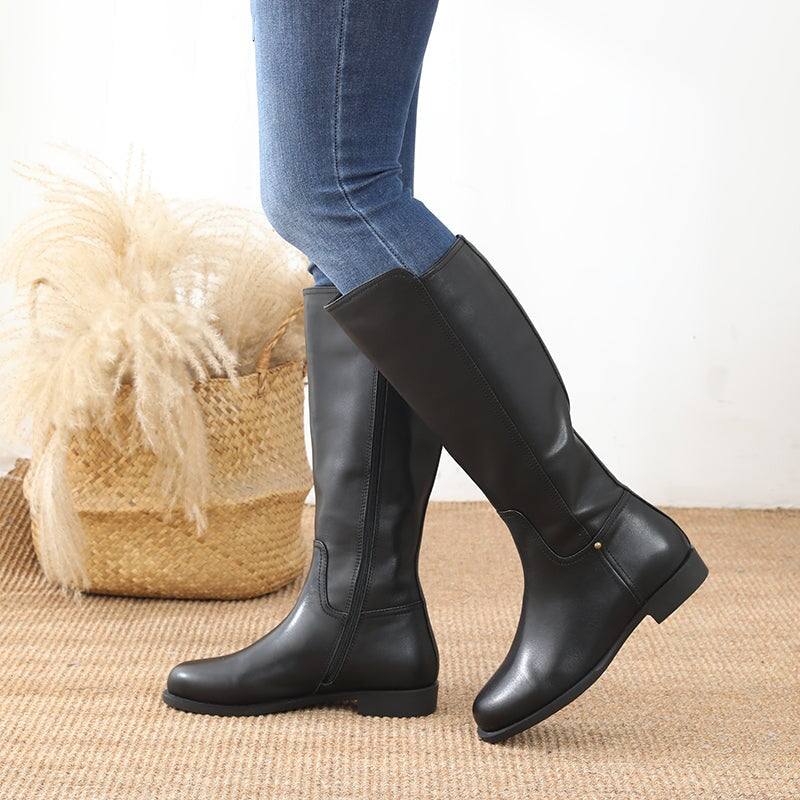 Designer Wide Fit Leather Knee High Boots Side Zip Riding Boots in Black Short Plush Lining