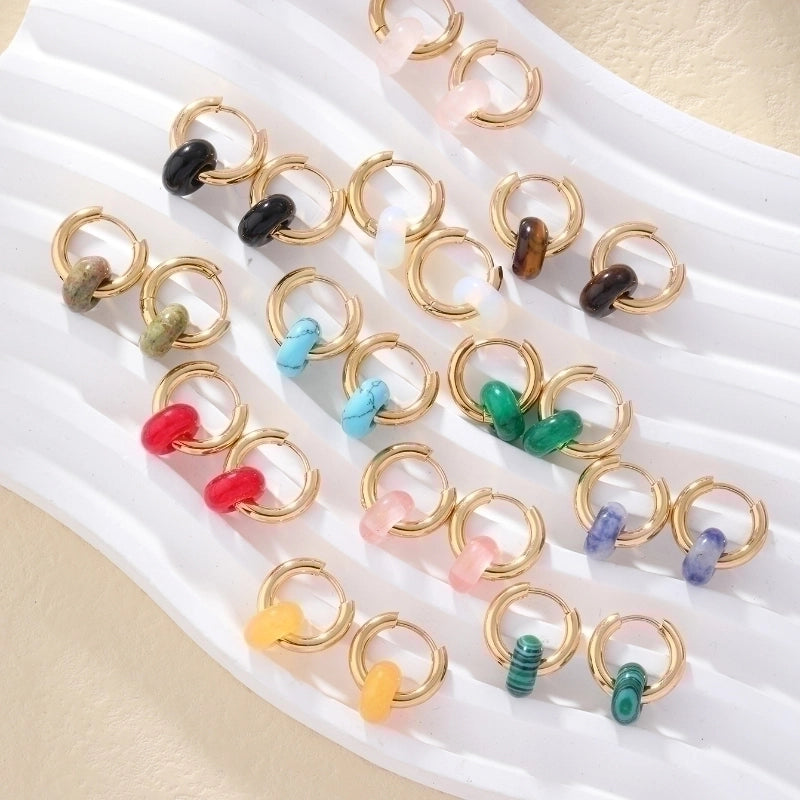 2 Pieces Retro Minimalist Round Plating 304 Stainless Steel Natural Stone Gold Plated Earrings
