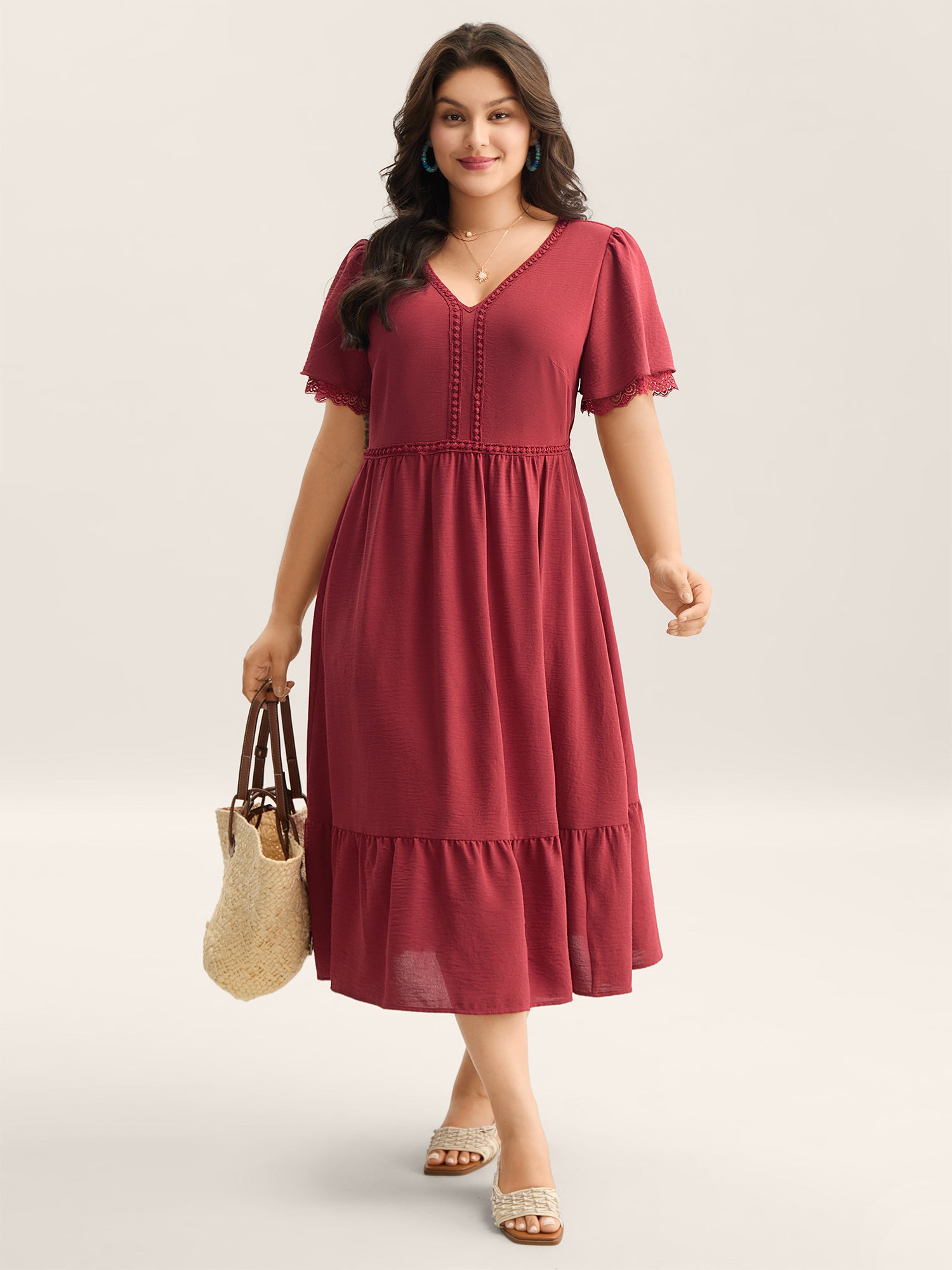Lace Trim Neck Sheer Pockets Maxi Dress