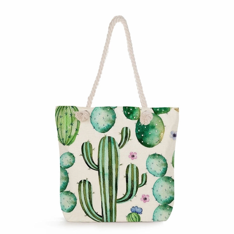 Women's Medium Linen Cactus Vacation Classic Style Square Zipper Tote Bag Beach Bag