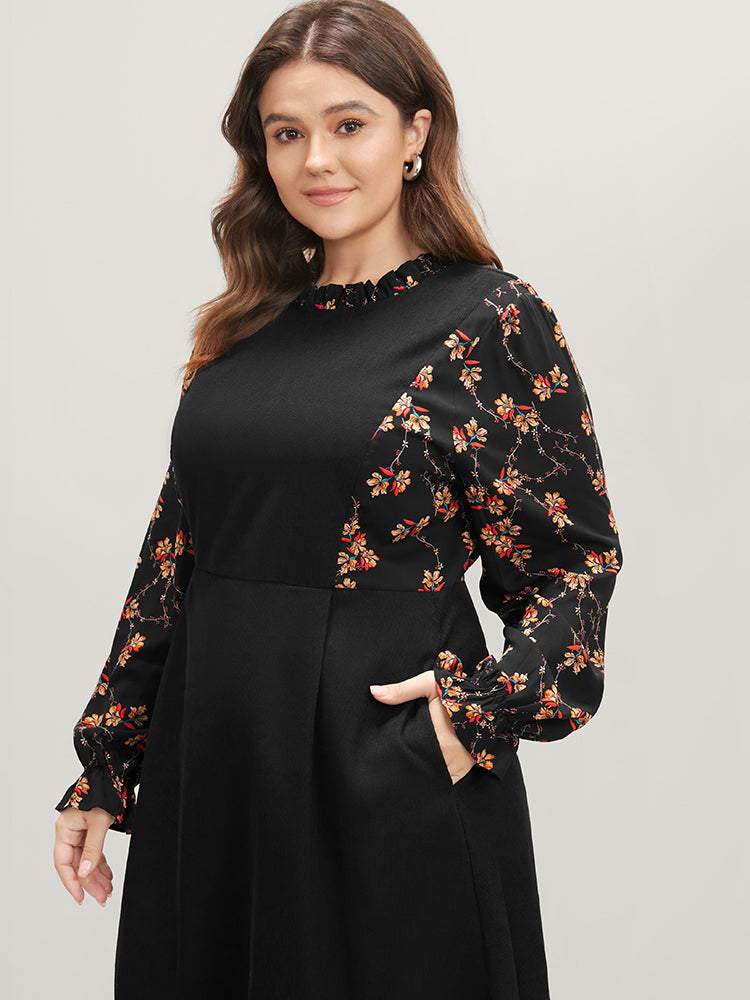 Floral Patchwork Ruffle Trim Pocket Zipper Dress