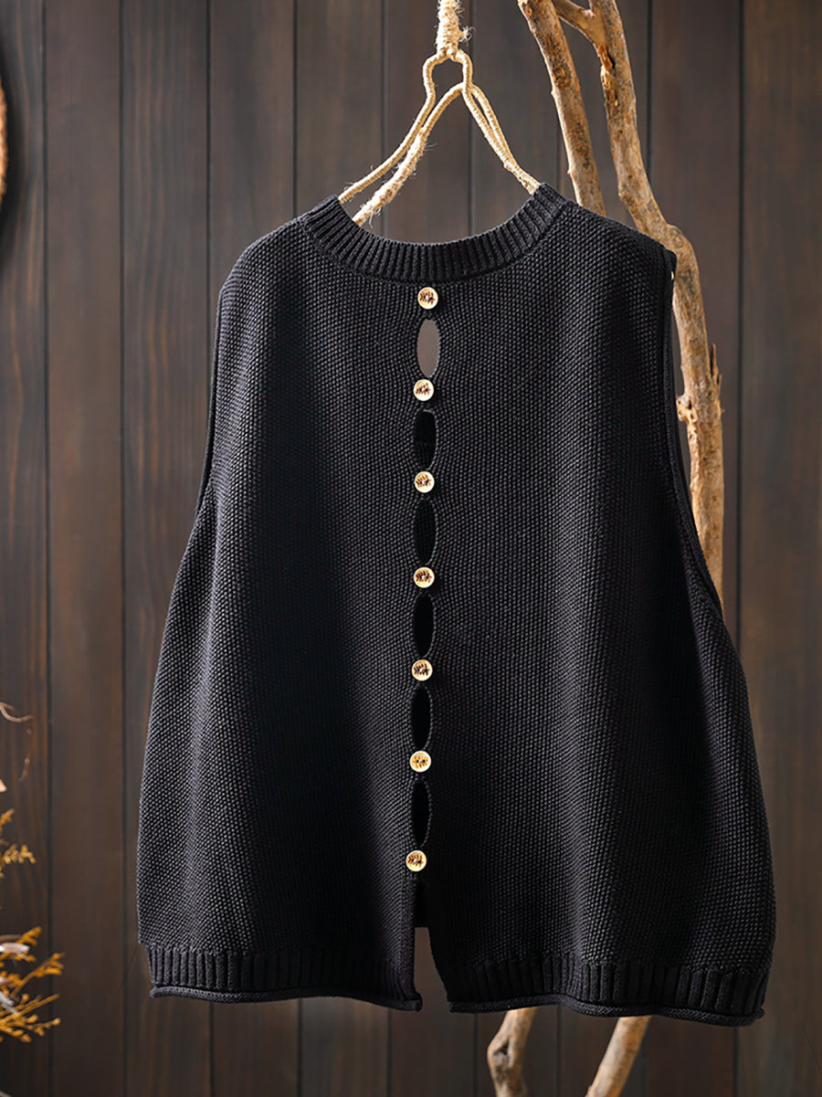 Women Vintage Pure Color Button Knit Vest