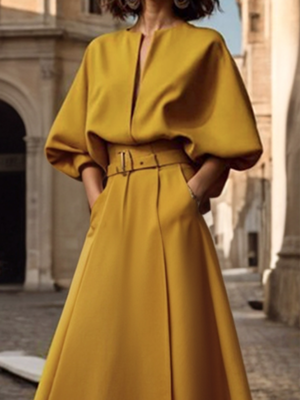 Half Sleeves Loose Belted Solid Color Deep V-Neck Maxi Dresses
